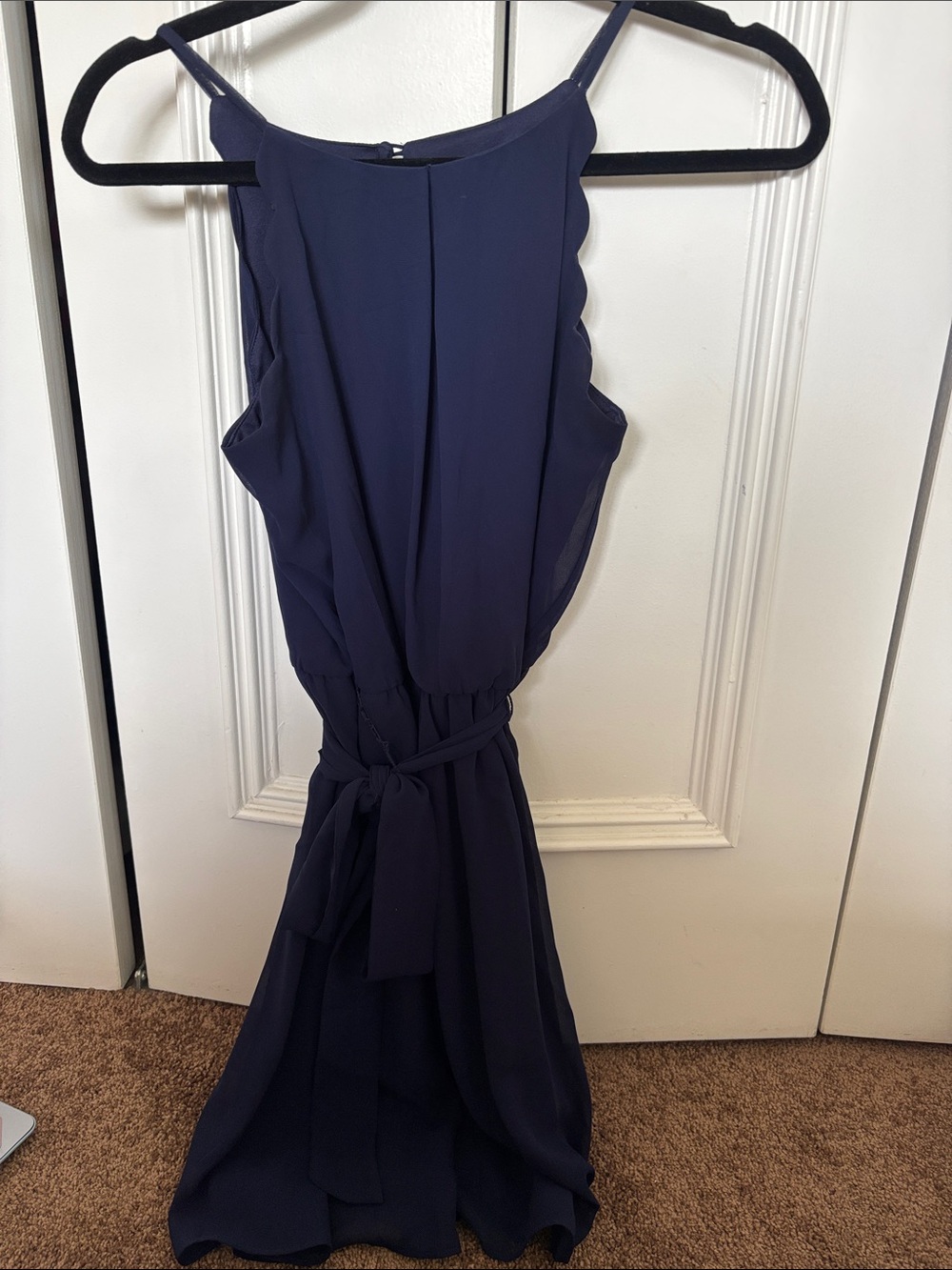BCX Navy Scalloped-Edge Belted Midi Dress